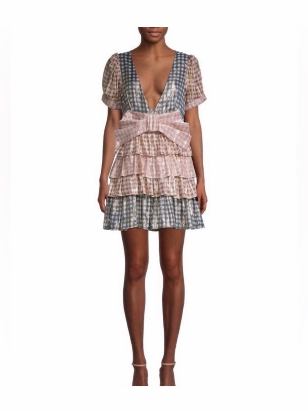 LoveShackFancy Pink and Blue Gingham Tiered Ruffle Mini Dress with Bow